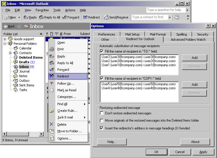 Redirect for Outlook Screenshot